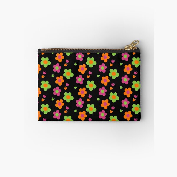 Item preview, Multicolor pink green and orange flower power black background print designed and sold by DemonicGloom.