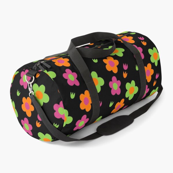 Item preview, Multicolor pink green and orange flower power black background print designed and sold by DemonicGloom.