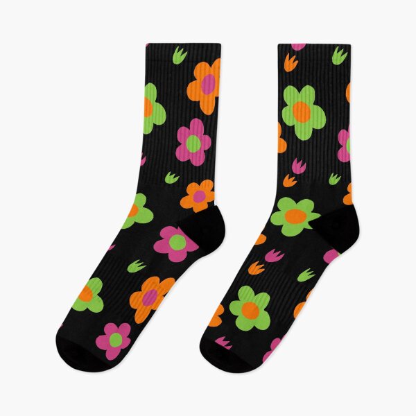 Item preview, Multicolor pink green and orange flower power black background print designed and sold by DemonicGloom.
