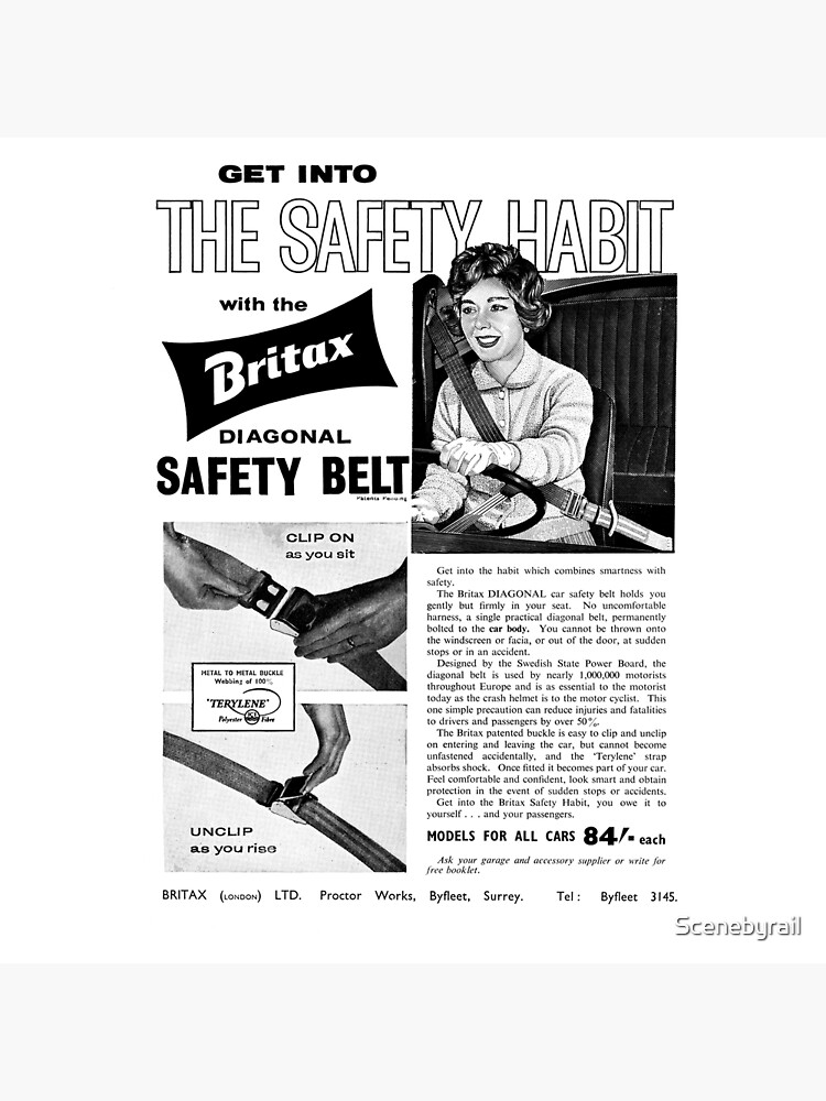 Dekokissen for Sale mit Britax Auto-Sicherheitsgurt-Oldtimer-Werbung,  1960 von Scenebyrail