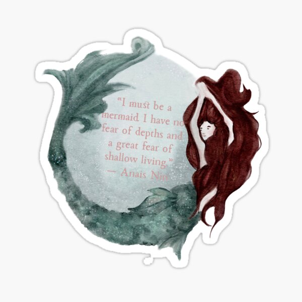 Anais Nin Mermaid Quote Red Hair Watercolor Mermaid Silver Sparkles Sticker