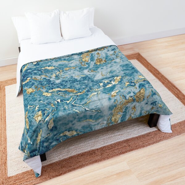 Teal Marble Comforter Set King,Blue Gold Marble Bedding, Abstract Marble  Texture