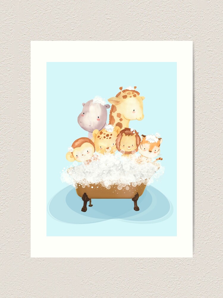 "Cute Baby Safari and Jungle Animals in a Bathtub, Boys Bathroom Print