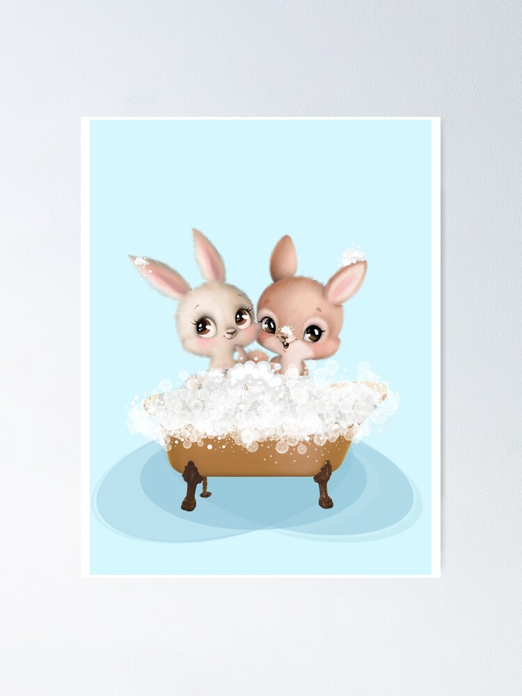 "Cute Baby Bunnies in a Bathtub, Boys Bathroom Print, Baby Animals in