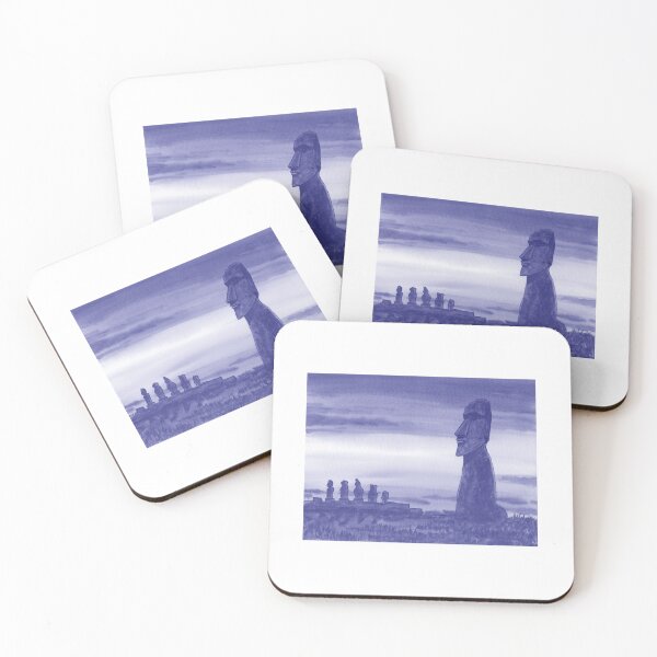 Item preview, Gorgeous Sunset With Magical Statues Of Easter Island Chile Purple Blue Very Peri Watercolor designed and sold by Irina Sztukowski.