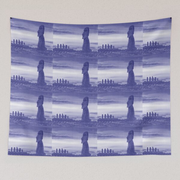 Item preview, Gorgeous Sunset With Magical Statues Of Easter Island Chile Purple Blue Very Peri Watercolor designed and sold by Irina Sztukowski.