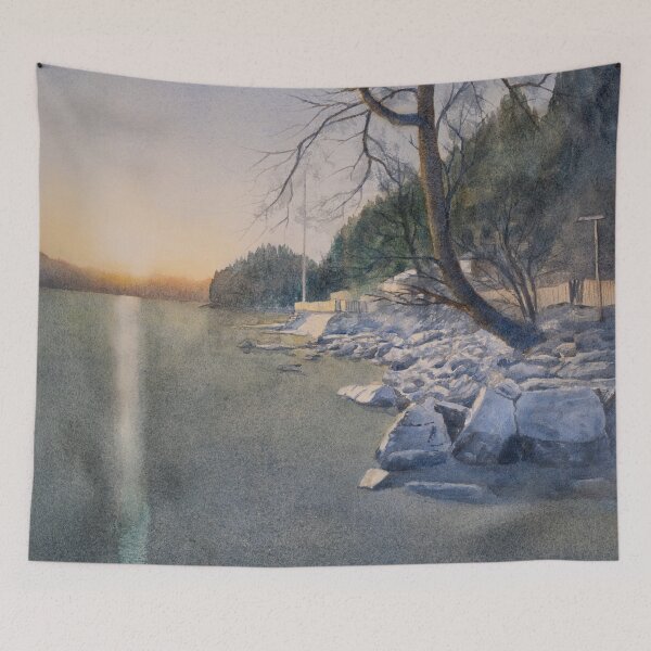 Item preview, Winter Sunset lake with sunlight reflections on the ice. Handpainted watercolour landscape -  designed and sold by Einar Aasen.