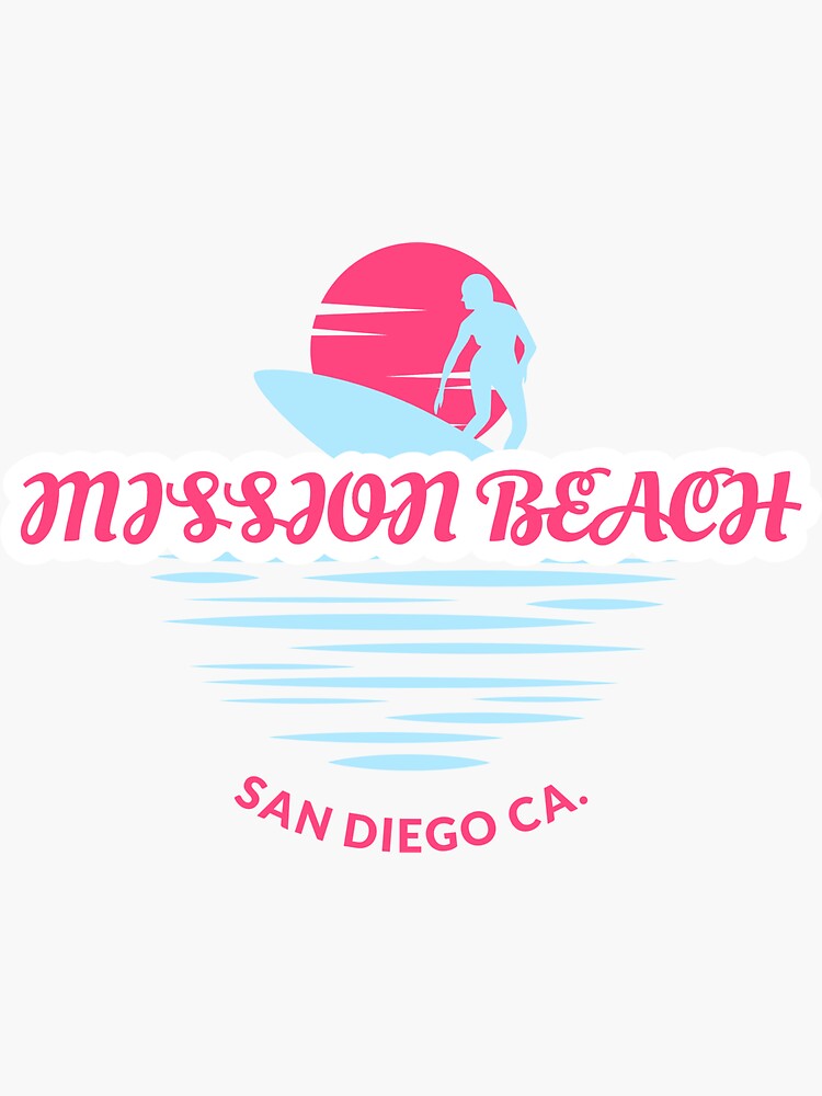 "Mission Beach San Diego California Retro Sunset Surfer" Sticker for Sale by