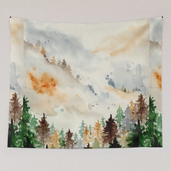 Item preview, Mountain Pine Forest Valley, Watercolor Landscape Painting designed and sold by DaisyPaints.
