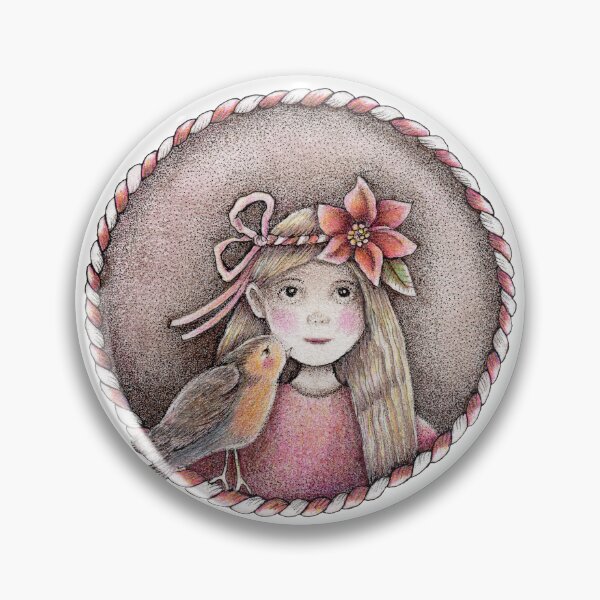 Item preview, little girl with poinsettia in her hair and cute robin, ready for Christmas pin designed and sold by trudette.