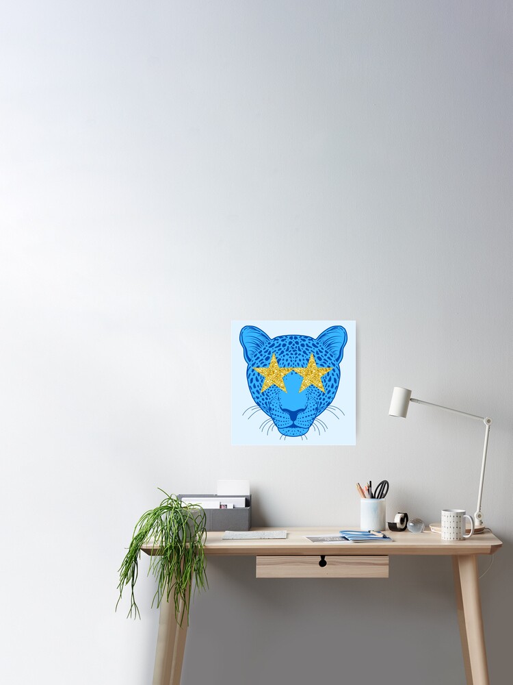 Star eyed preppy cheetah / panther / tiger with gold glittery eyes in blue  Poster for Sale by SUUSCK ☆