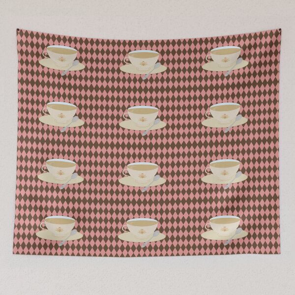 Item preview, Cup of coffee and tea for breakfast and snack on a background of pink and brown rhombuses designed and sold by Carmelagaminde.