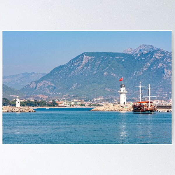 Item preview, Lighthouse and ship at entrance to Alanya Harbour, Turkey designed and sold by Kevin Hellon.