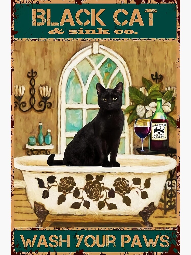 Black Cat and Sink CO Wash Your Paws Poster, Bathroom Decor, Wall Art Decor,  Black Cat Poster, Funny Bathroom Poster No Frame Canvas 