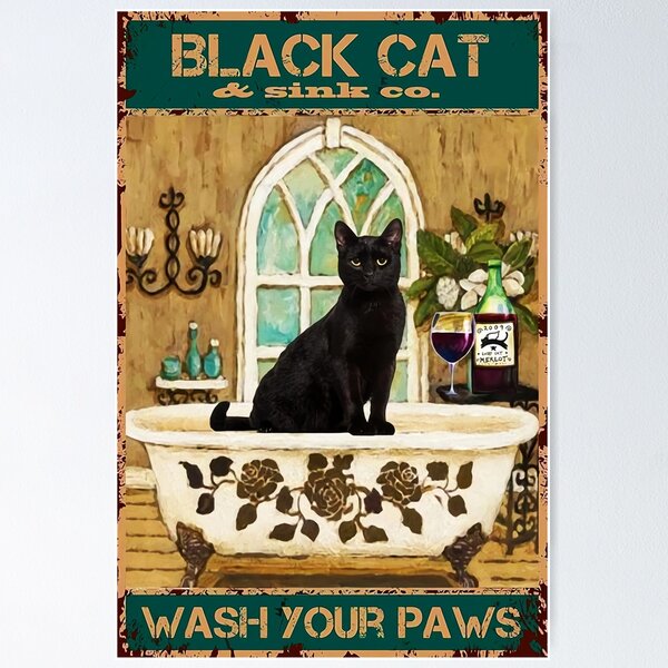 Black Cat and Sink CO Wash Your Paws Poster, Bathroom Decor, Wall Art Decor,  Black Cat Poster, Funny Bathroom Poster No Frame Canvas 