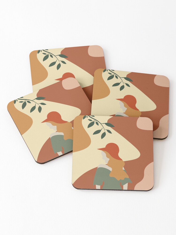 Thumbnail 1 of 5, Coasters (Set of 4), Vintage Boho Woman with Hat – Art Print designed and sold by FoxyCreativeLtd.