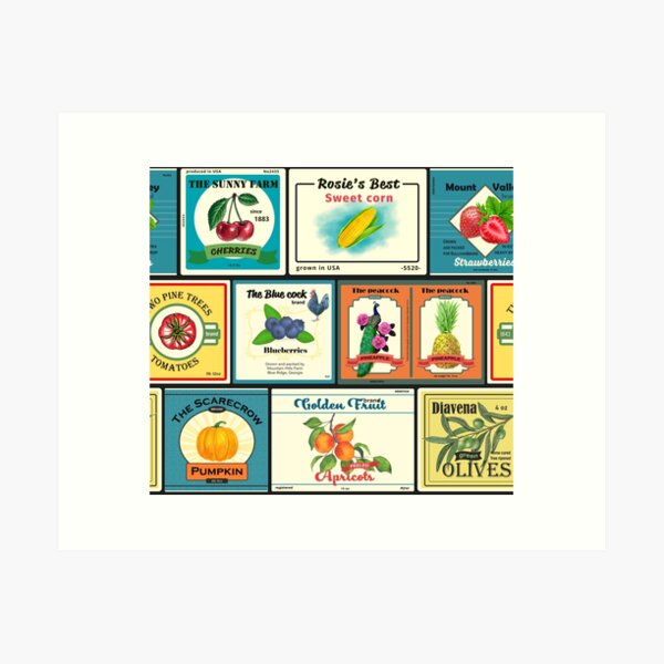 vintage-canned-goods-fruit-labels-art-print-for-sale-by-katerinamk-redbubble for Free Printable Miniature Food Labels Vintage canned goods-Fruit labels