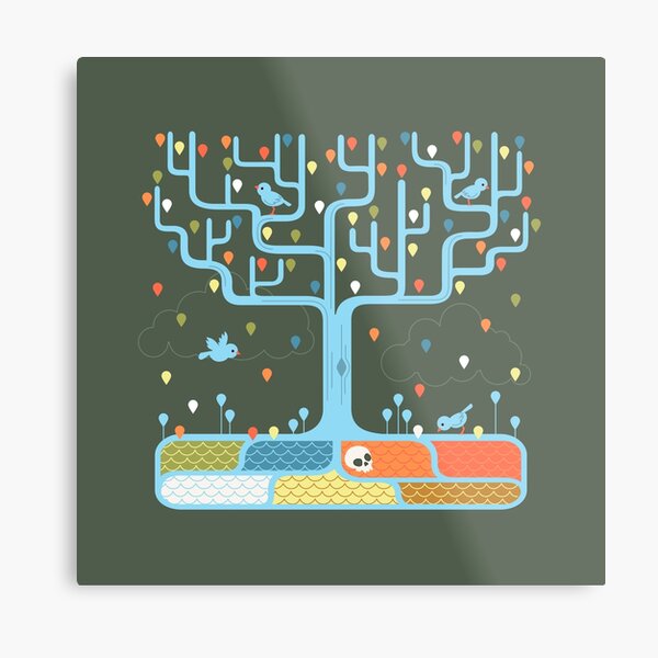 Birds in a Tree with falling leaves, a skull and flowers Metal Print