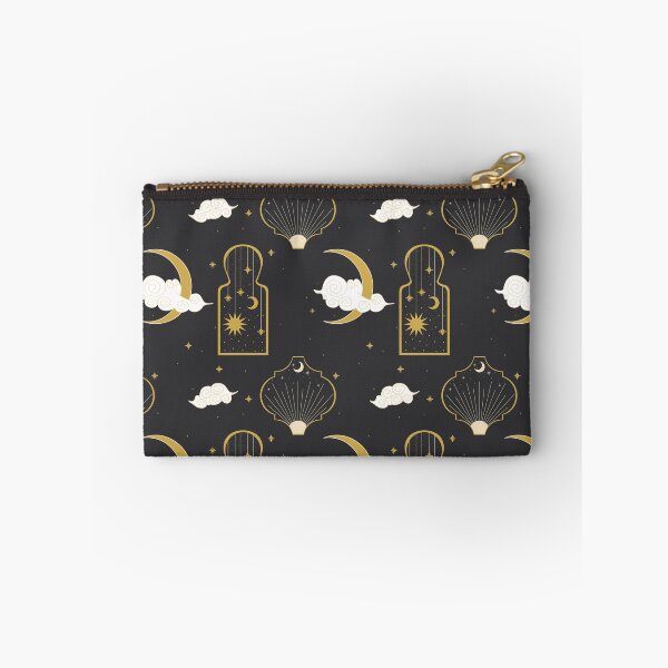 Item preview, Cute Black & Gold Astrology pattern, celestial cartoonish design of a clowdy moon, sky & stars. designed and sold by DisperateArt.