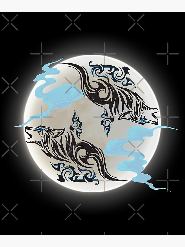 Póster «Lobo negro místico gemelo con ojos azules en la luna» de