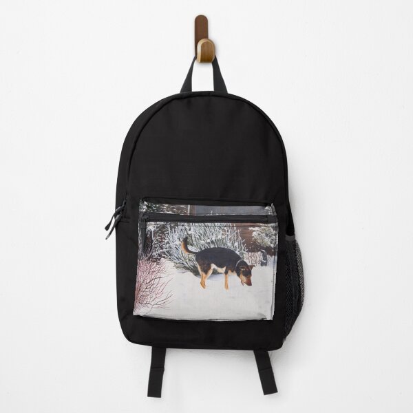 Item preview, Winter snow scene with cute black and tan dog designed and sold by pollywolly.