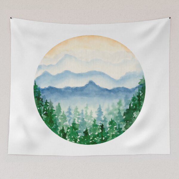 Item preview, Green Foggy Forest And Blue Cloudy Sky In Circle, Watercolor Landscape designed and sold by DaisyPaints.