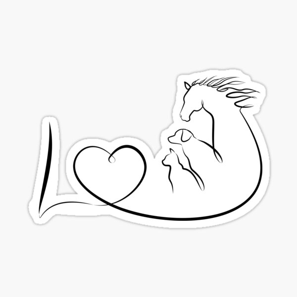 I love animals, horse, dog and cat with red heart. One line drawing I love animals, horse, dog and cat with red heart. One line drawing
