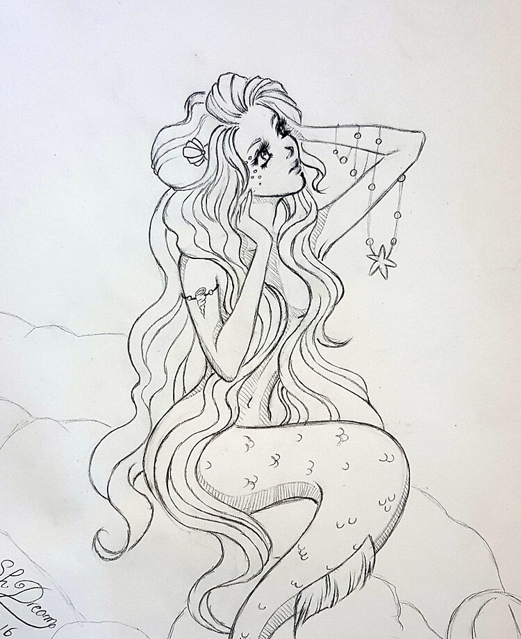 PRINT Mermaid Riding Seahorse Art Unframed Pencil Drawing - Etsy
