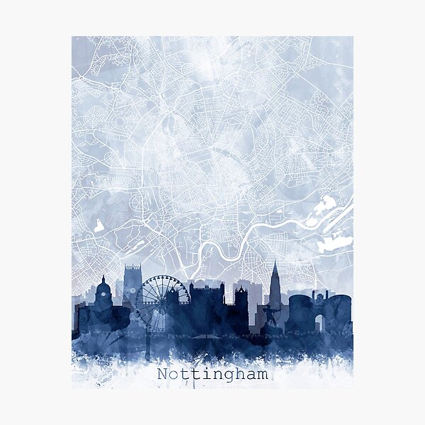 Item preview, Nottingham Skyline & Map Watercolor Navy Blue, Print by Zouzounio Art designed and sold by zouzounioart.
