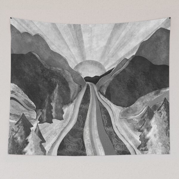 Item preview, Black and white river mountain sunrise stylized art designed and sold by Inktown.