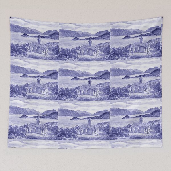 Item preview, Purple Blue Very Peri Lake Como San Martino Church Bellagio And Griante Italy designed and sold by Irina Sztukowski.