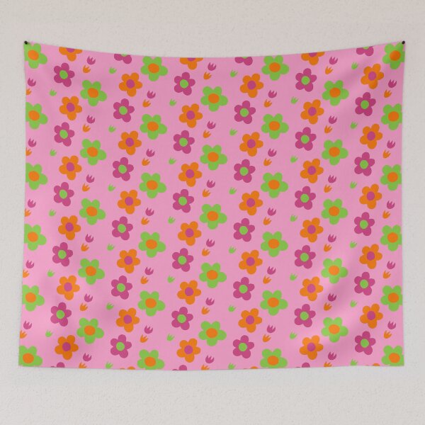 Item preview, Multicolor pink green and orange flower power pink background print designed and sold by DemonicGloom.