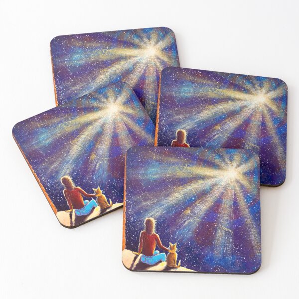 Item preview, Fantasy art romantic painting man with cat sit and watch cosmos, night starry sky with bright rays of galaxy illustration for book of fairy tales and fantasy designed and sold by rybakowvalery.