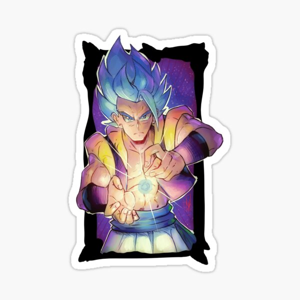 Gogeta ssj5 with purple and silver hair and ultra ego marks on his