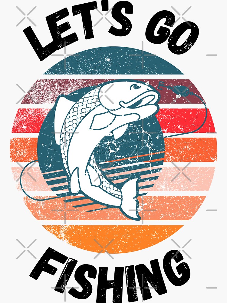 Let's Go Fishing Fish On A Hook Retro Sunset Grunge Effect In Light Brown |  Sticker