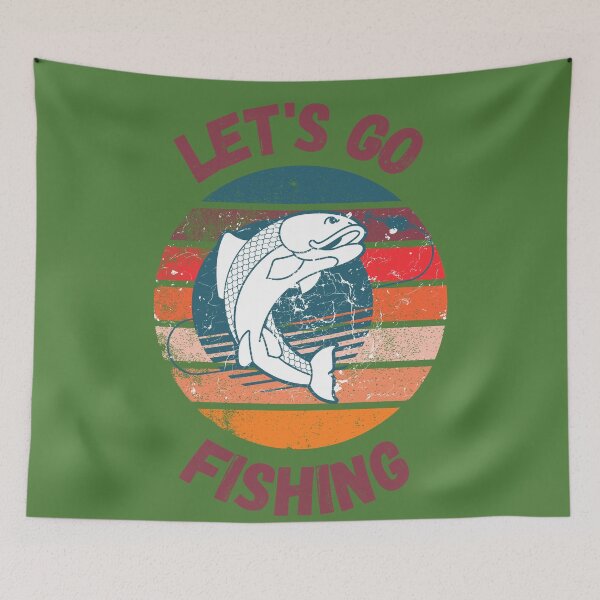 Item preview, Let's Go Fishing Fish On A Hook Retro Sunset Grunge Effect Purple Letters In Green designed and sold by LuckyKermit.