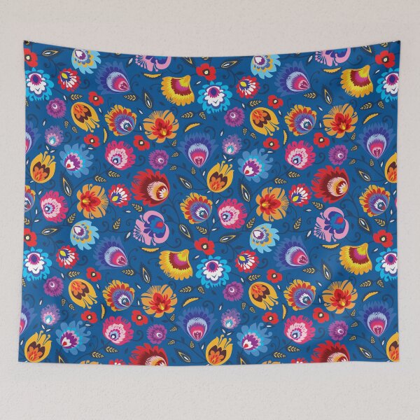 Item preview, Folklore flowers on beautiful blue background designed and sold by FK-UK.