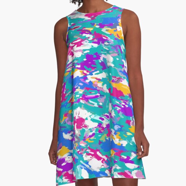 Blue, Fuchsia and Yellow Abstract A-Line Dress