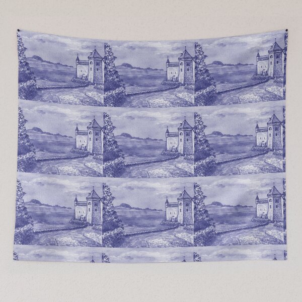 Item preview, Purple Blue Very Peri Chillon Castle Lake Geneva Switzerland Veytaux Watercolor designed and sold by Irina Sztukowski.