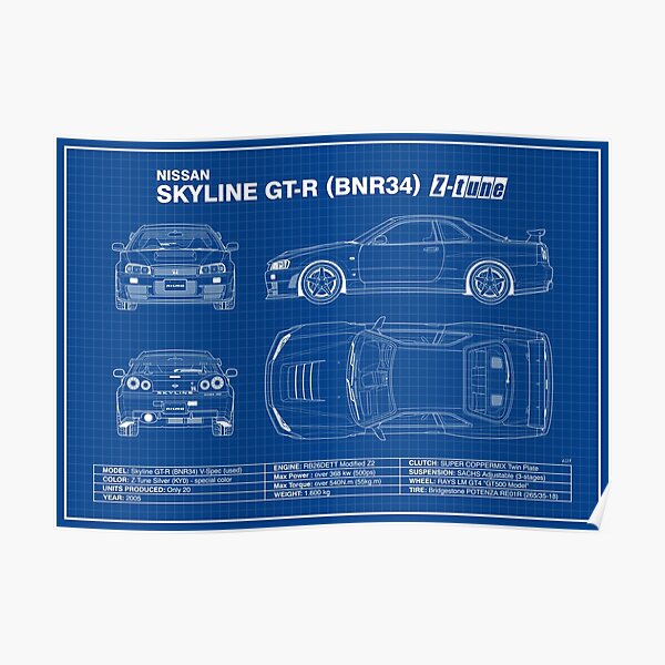 Blueprint - Nissan Skyline GT-R (R34) Z-Tune (Blau) Poster