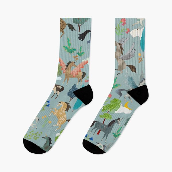 Item preview, Enchanted Unicorn Garden on a stormy blue background designed and sold by Silver Steer Design.