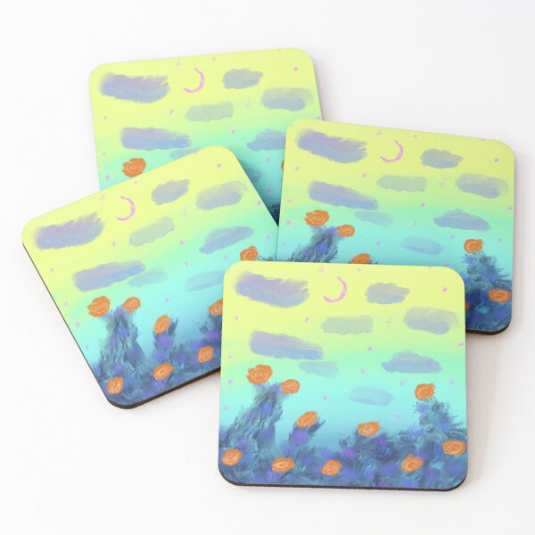 Item preview, Blue and yellow  nighttime sky with orange roses  designed and sold by ThePeaches.