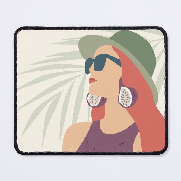 Item preview, Female minimalist portrait with green hat, sunglasses, tropical fruits and palm leaves. designed and sold by PrintsProject.