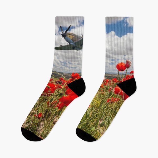 Item preview, Spitfire fighter war plane flying over a poppy field designed and sold by Kevin Hellon.
