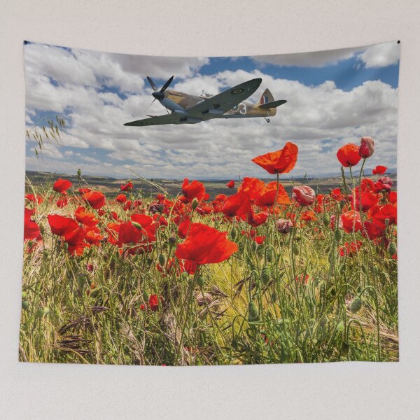 Item preview, Spitfire fighter war plane flying over a poppy field designed and sold by Kevin Hellon.