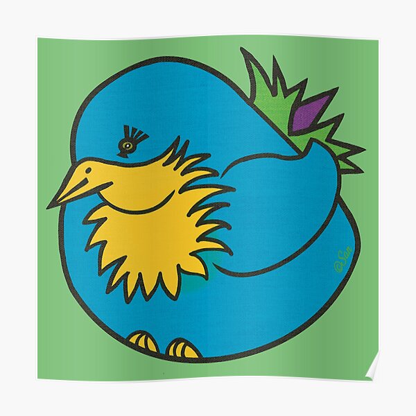 Little Round, Baby Blue Bird with Green and Purple Tail Poster