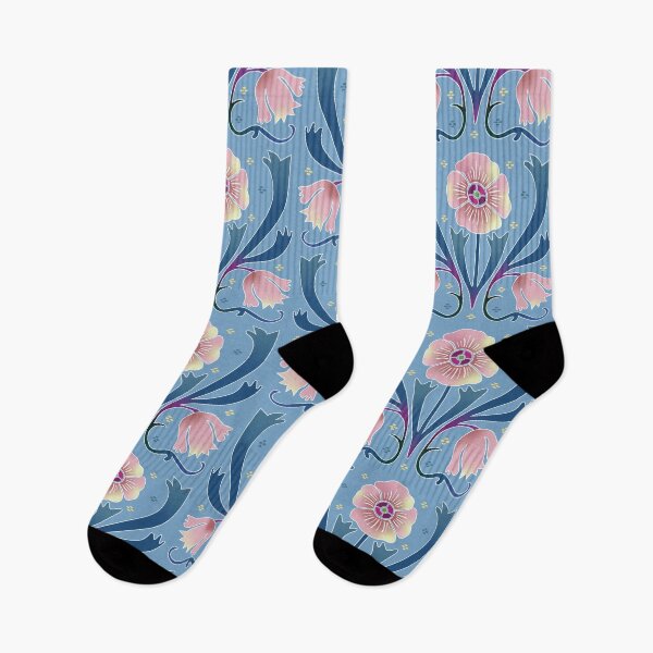 Item preview, Pattern of pink Art Nouveau flowers on a light blue background designed and sold by colorofmagic.