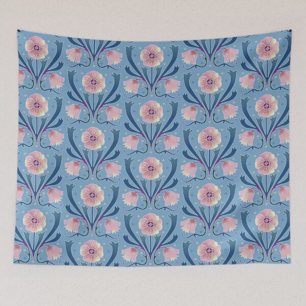 Item preview, Pattern of pink Art Nouveau flowers on a light blue background designed and sold by colorofmagic.