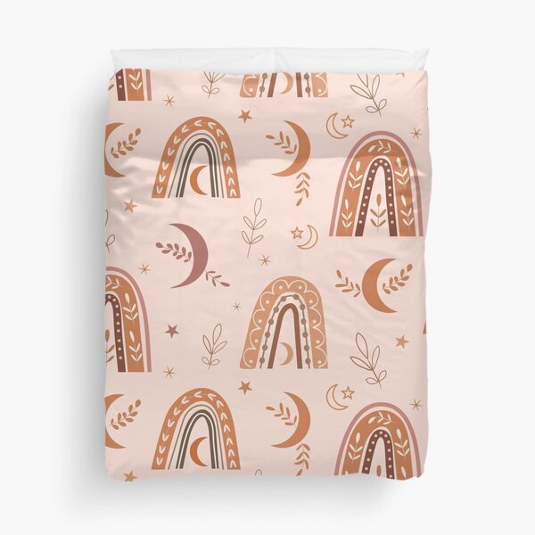 Boho nude, beige and brown neutral rainbow and moon pattern with leaves Duvet Cover