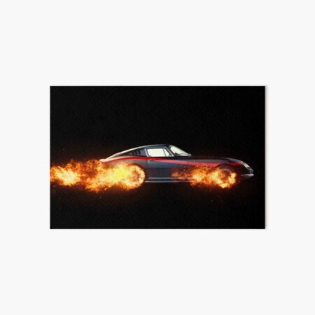 Black vintage car with red stripes and burning wheels Art Board Print